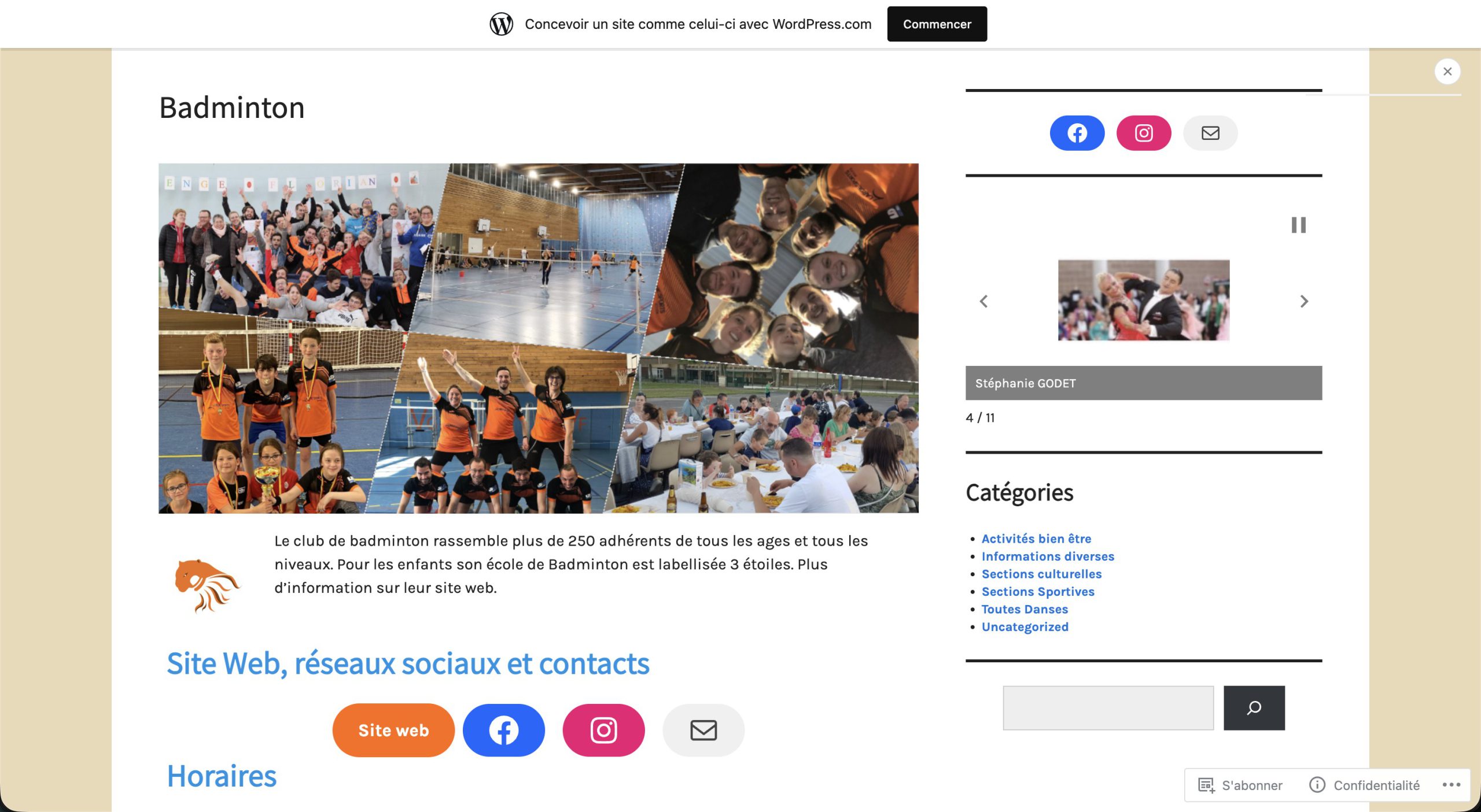 L’ancienne page « Badminton » du club, hébergée sur WordPress.com : bandeau publicitaire de la plateforme en haut, collage de photos, trois lignes de présentation, et une colonne de catégories où le badminton voisine avec les danses et les activités bien-être.