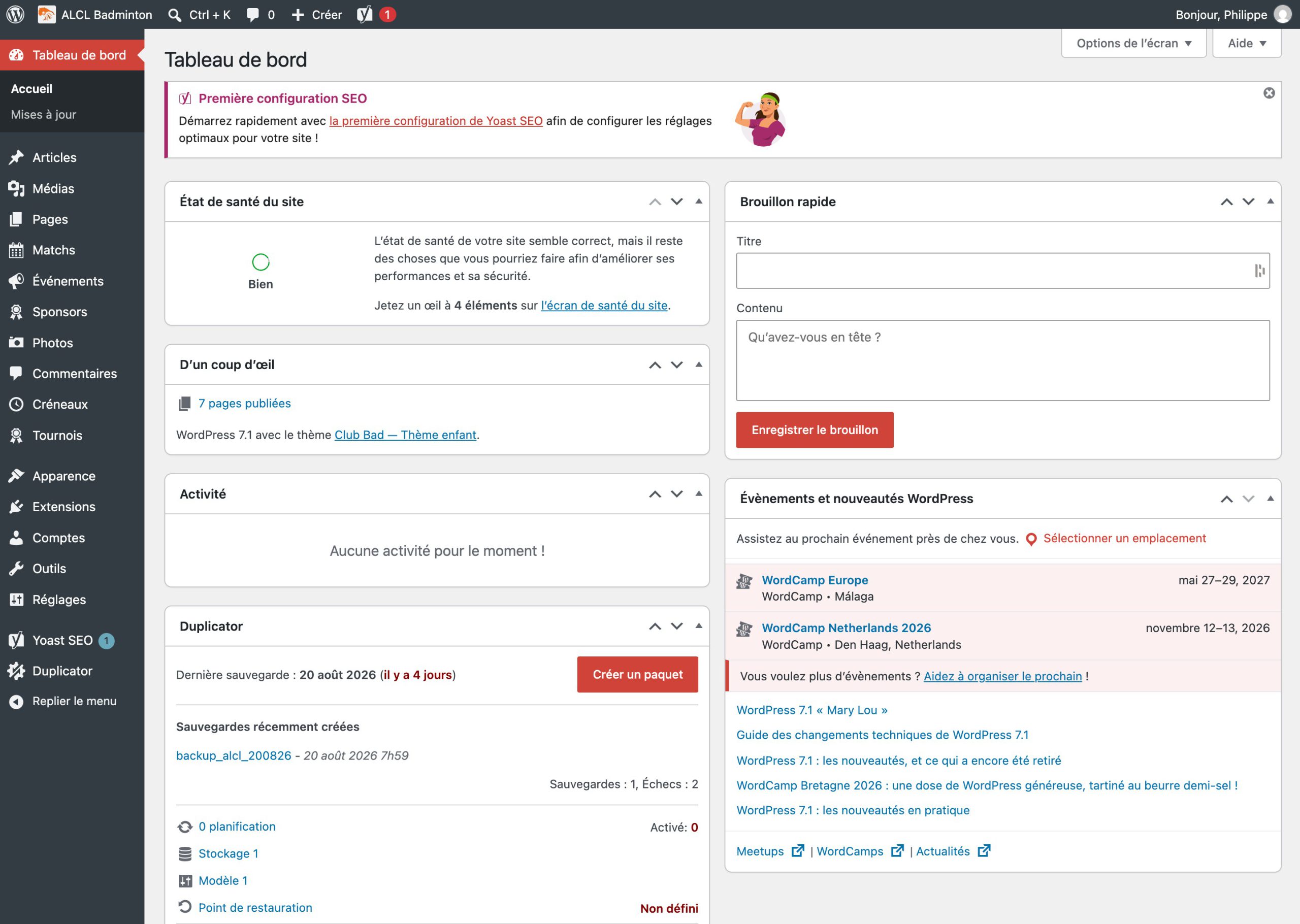 Le tableau de bord WordPress du site, avec les types de contenu sur mesure dans le menu latéral : Matchs, Événements, Sponsors, Photos, Créneaux et Tournois.