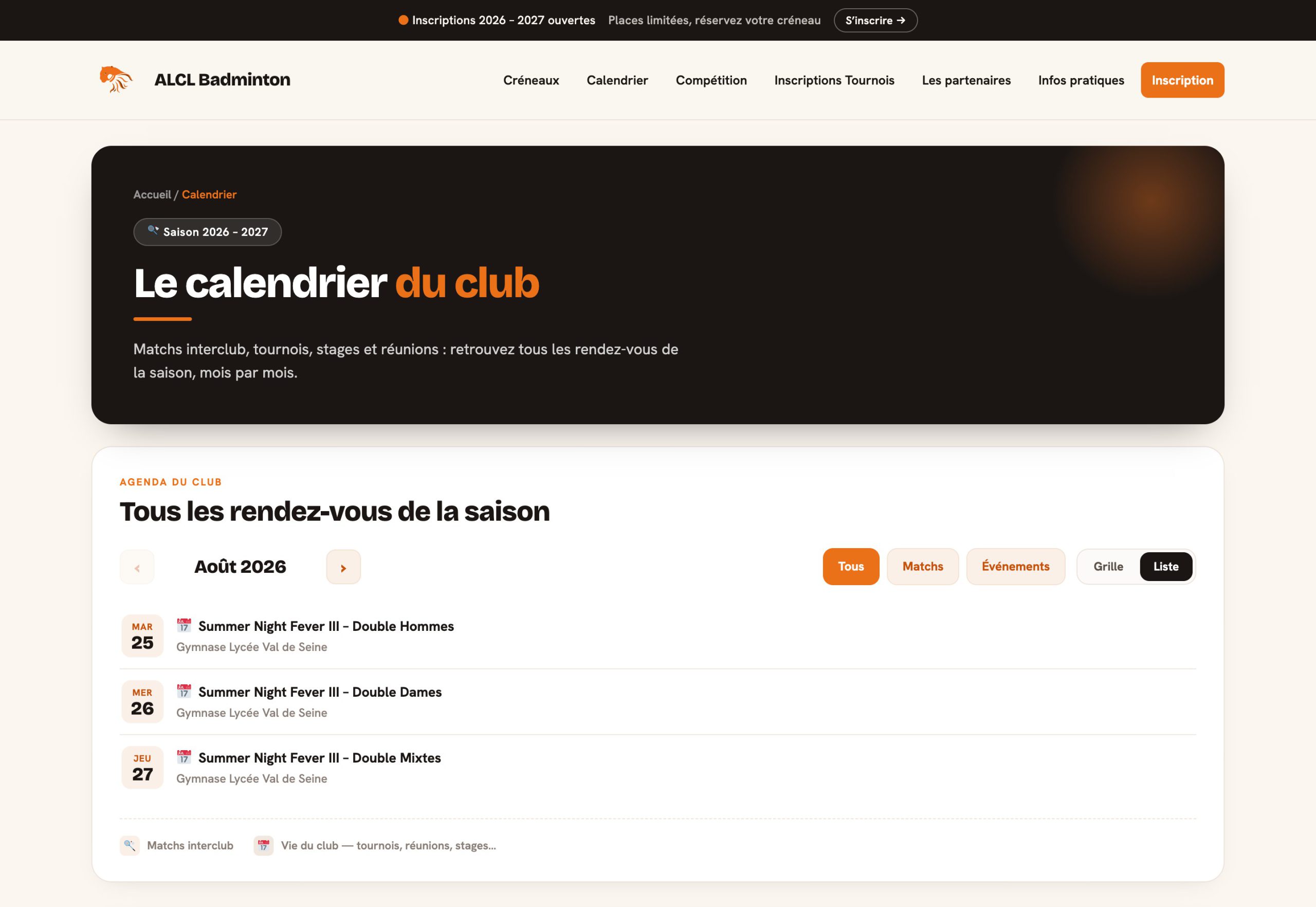La page Calendrier du site : navigation mois par mois, filtres Tous, Matchs et Événements, bascule entre grille et liste, et les rendez-vous de la saison.