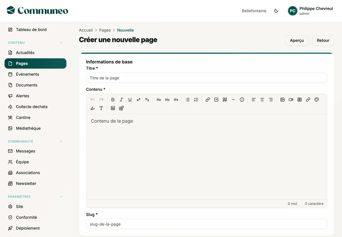 Écran de création d’une page : champ titre, éditeur de texte enrichi avec sa barre d’outils, compteur de mots et champ de slug, à côté du menu des modules de la commune.