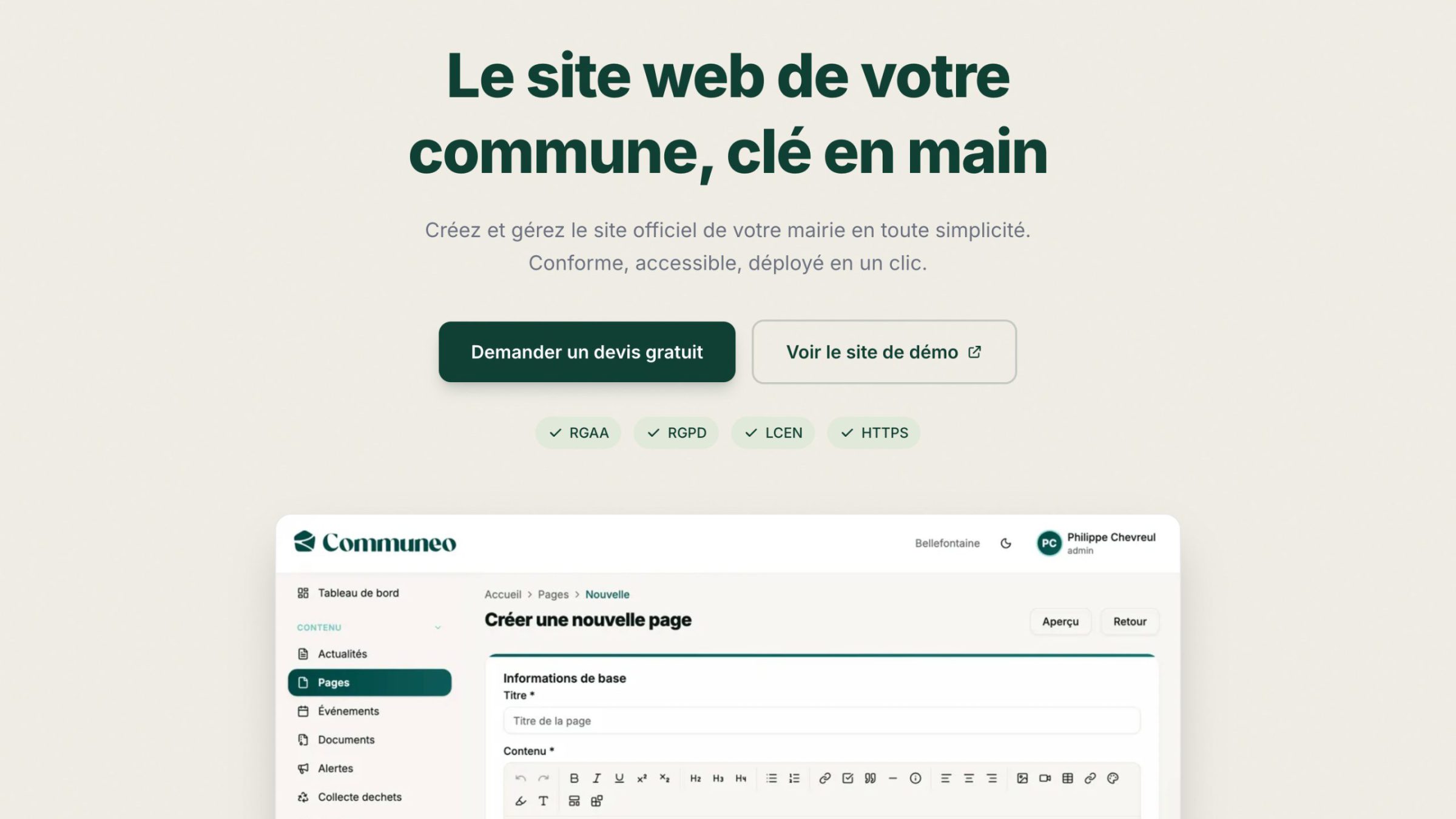 Page de présentation de Communeo : le titre « Le site web de votre commune, clé en main », deux boutons d’appel à l’action, les pastilles RGAA, RGPD, LCEN et HTTPS, et un aperçu de l’application en dessous.