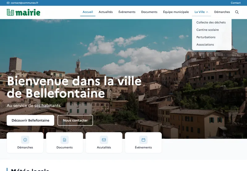 Site municipal de démonstration de la commune fictive de Bellefontaine : bandeau de contact, menu déroulant des informations pratiques, grande photo de la ville et accès rapides aux démarches, documents, actualités et événements.