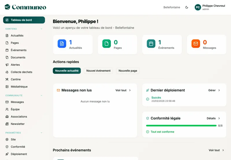 Tableau de bord de l’application : compteurs d’actualités, pages, événements et messages, actions rapides, état du dernier déploiement et indicateur de conformité légale à 8 sur 8.