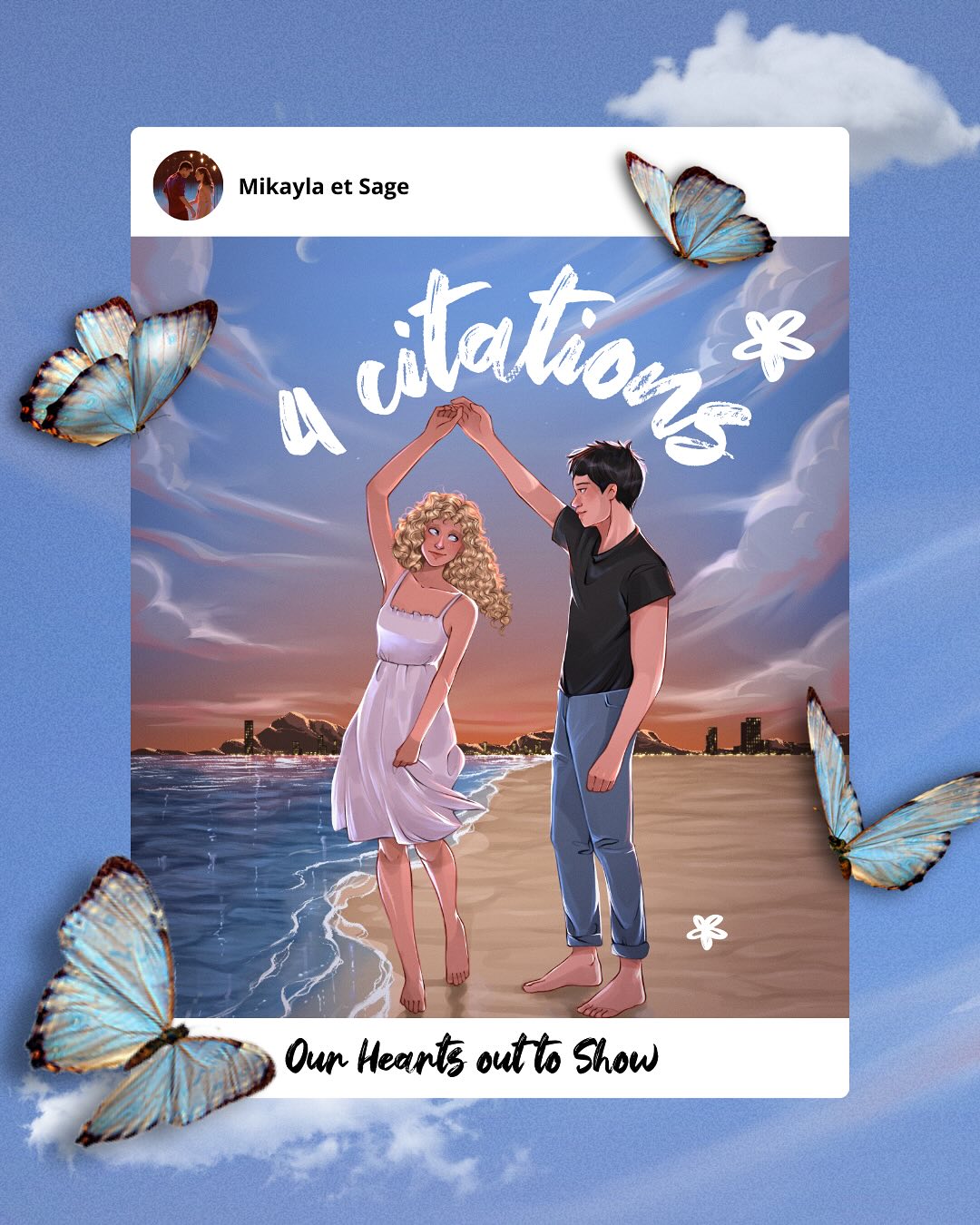 Publication graphique : l’illustration d’un couple dansant sur une plage, encadrée comme une carte, sur fond de ciel bleu et de papillons.