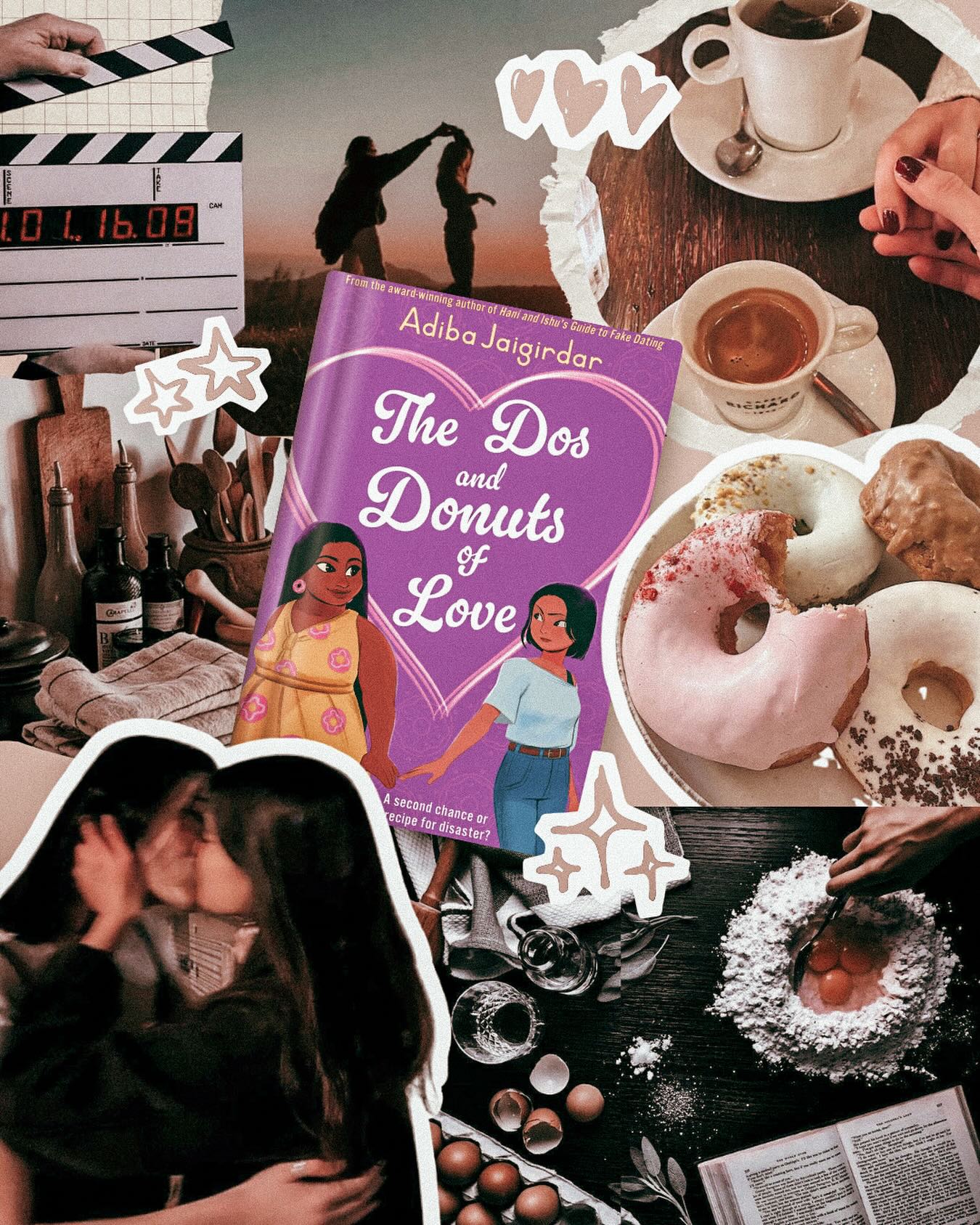 Collage autour du roman « The Dos and Donuts of Love » : clap de cinéma, tasses de café, donuts glacés et scène de pâtisserie.