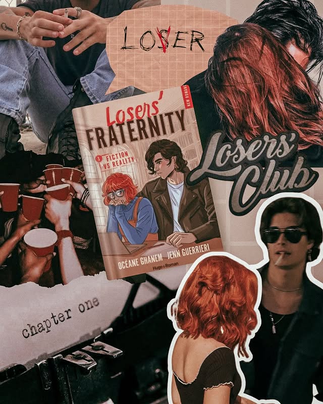 Collage autour du roman « Losers’ Fraternity » : machine à écrire, gobelets rouges, lettrage « Losers’ Club » et découpes de personnages.