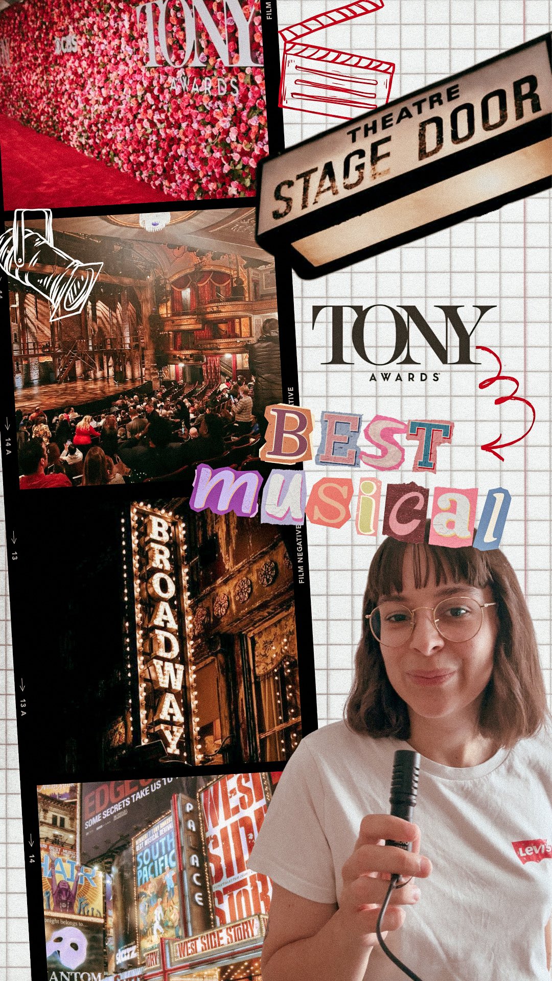Collage vertical sur les Tony Awards : pellicules photo de salles de théâtre et d’enseignes de Broadway, lettrage découpé « Best musical », Solenne micro en main.