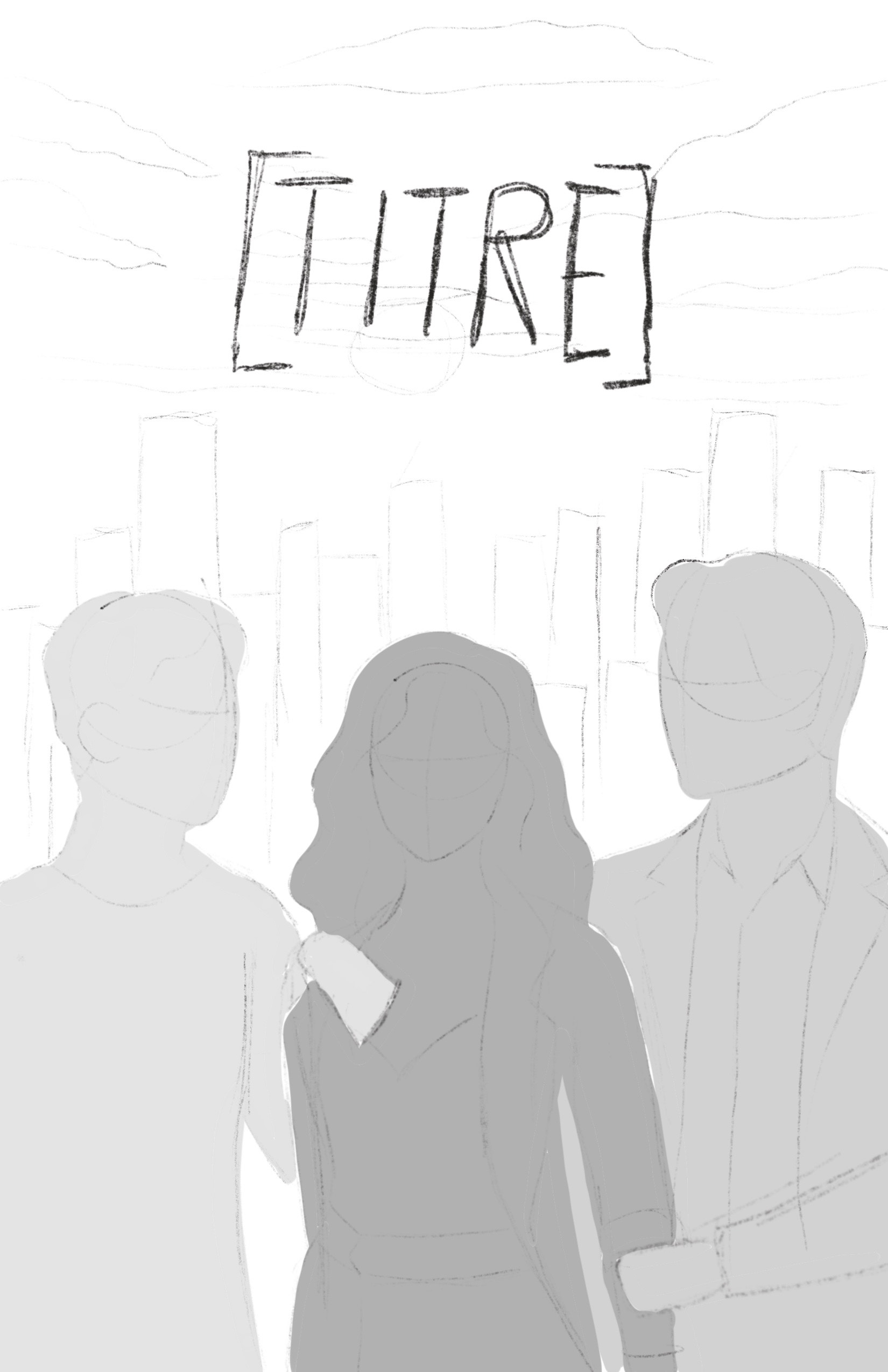 Esquisse initiale au crayon : trois silhouettes de personnages devant une skyline à peine tracée, surmontées d’un bloc « [TITRE] » qui réserve l’emplacement du titre.