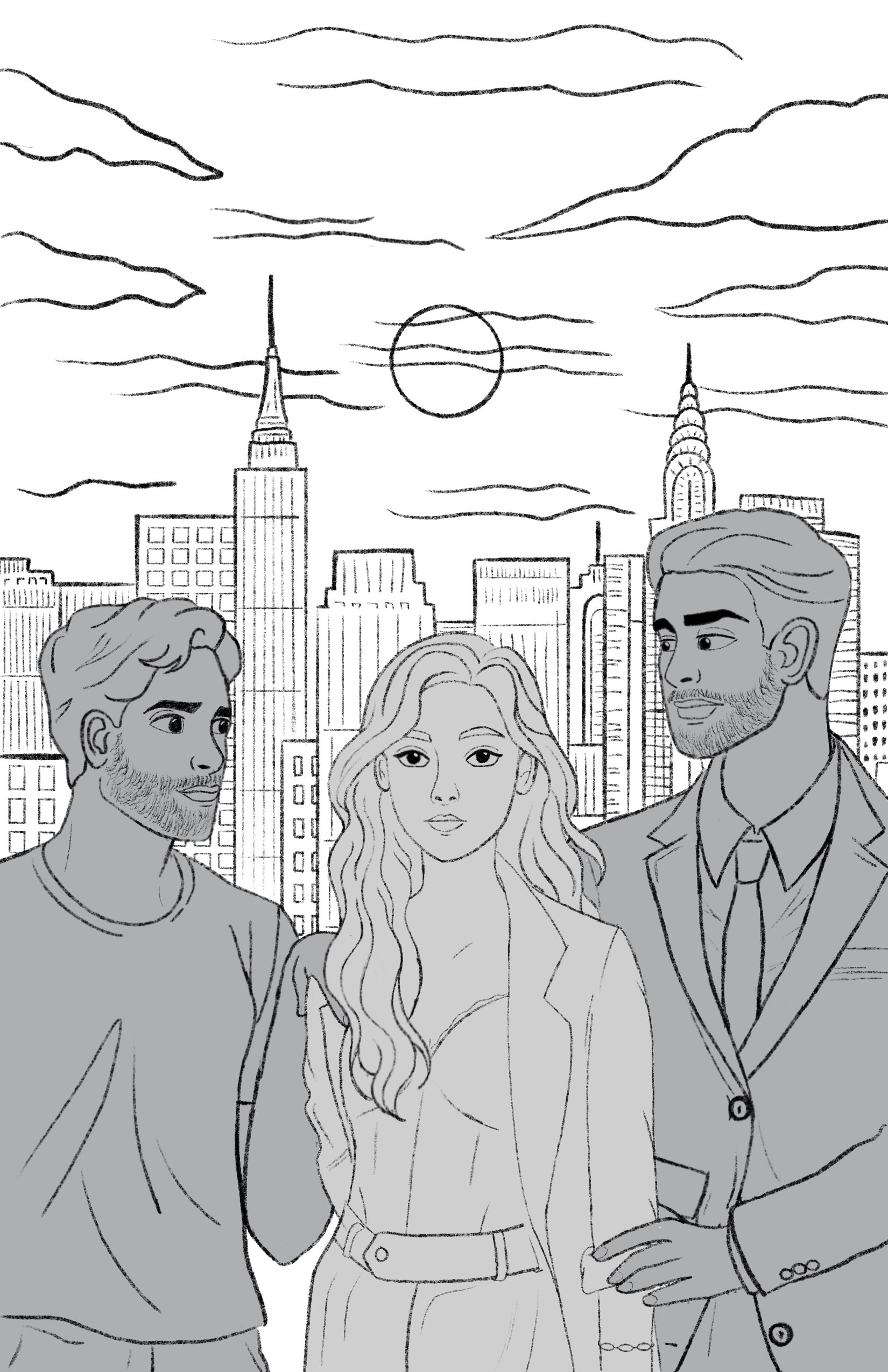 Même esquisse complétée par le décor : la skyline de New York, l’Empire State Building, le Chrysler Building, le soleil et les nuages.