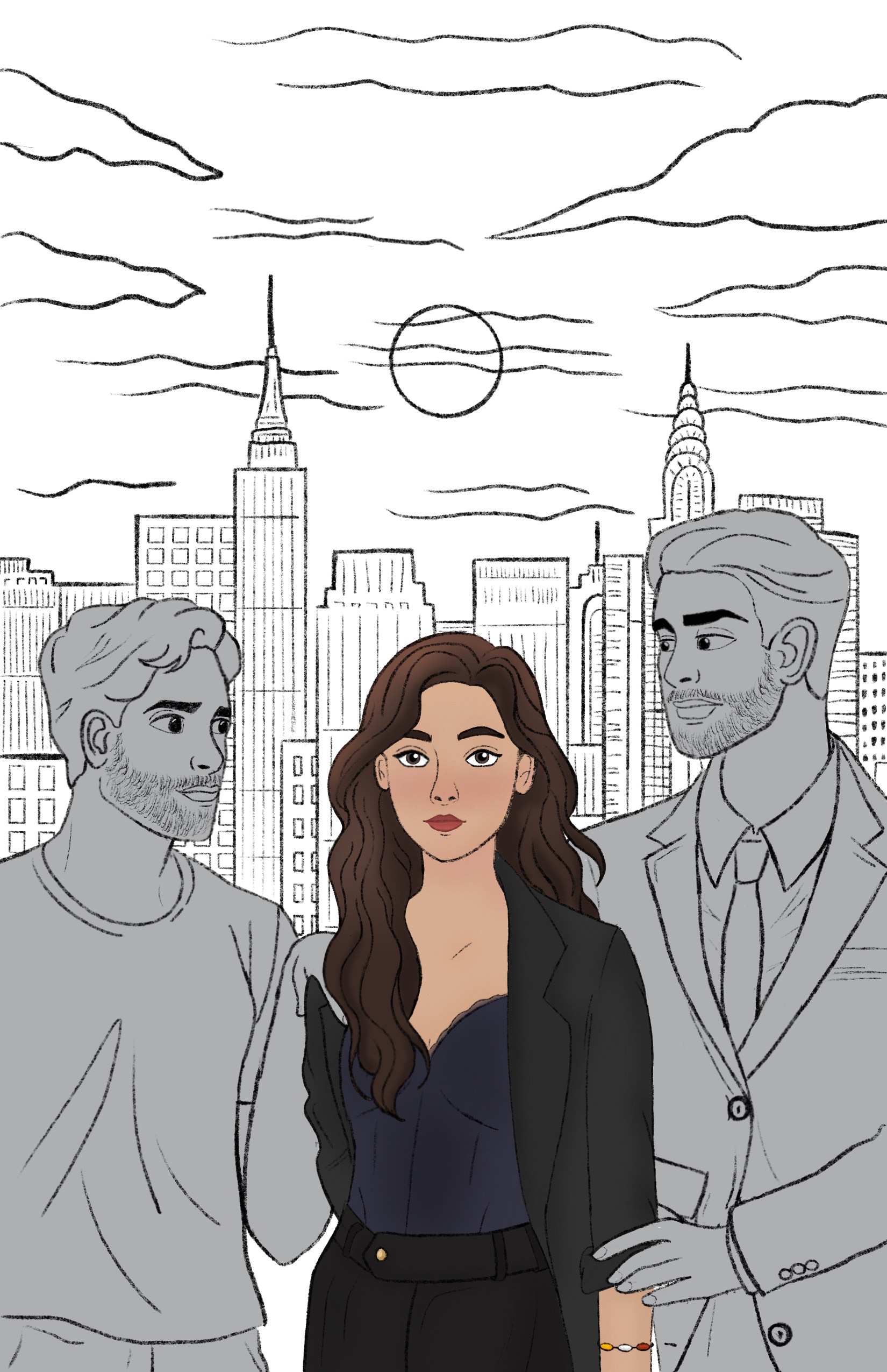 Première passe de colorisation : le personnage féminin du centre est mis en couleur, le reste de l’illustration reste en gris.