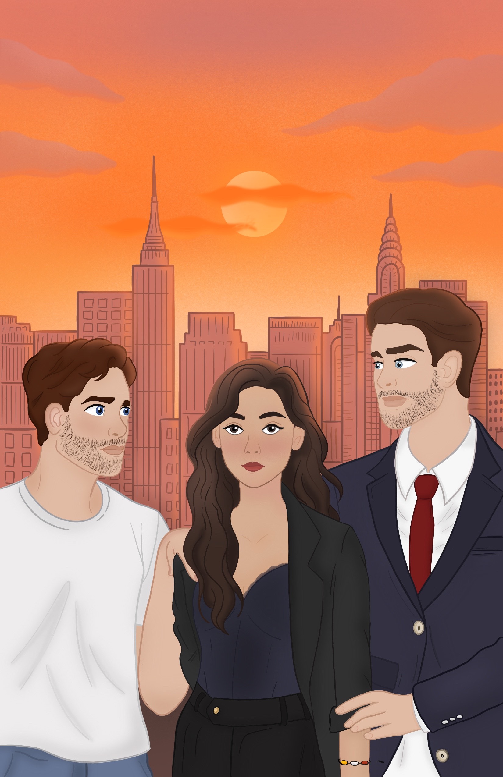 Colorisation complète : ciel orangé au soleil couchant, skyline en tons corail et les trois personnages entièrement en couleur.