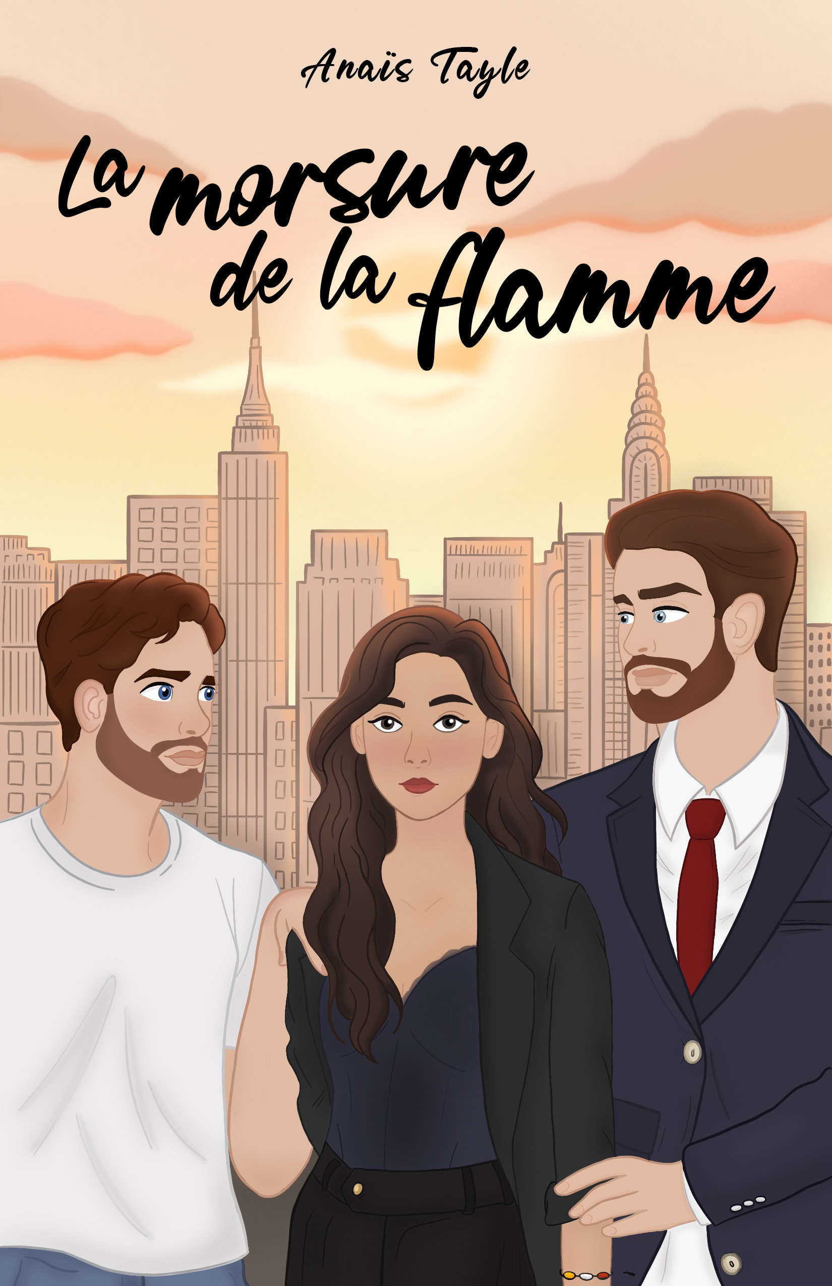 Première proposition de titre : « La morsure de la flamme » dans un script manuscrit noir, placé en haut de l’illustration.