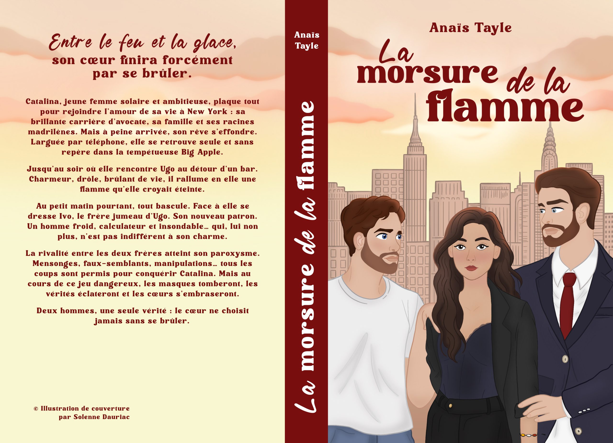 Mise en page complète prête pour l’impression : quatrième de couverture avec l’accroche et le résumé, dos portant le titre et le nom de l’autrice, première de couverture.