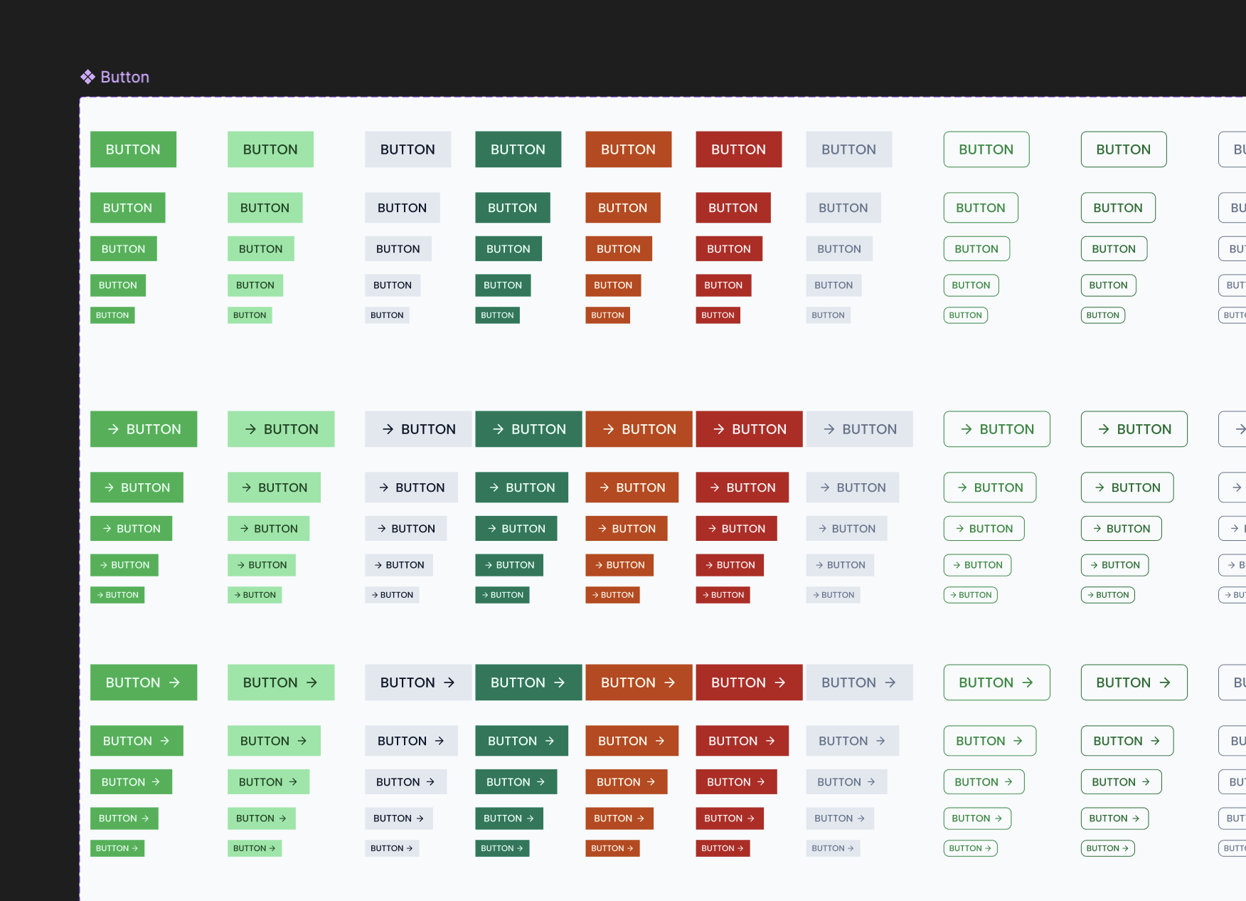 Bibliothèque de composants Figma : le jeu de boutons décliné en plusieurs teintes, cinq tailles et trois dispositions d’icône.