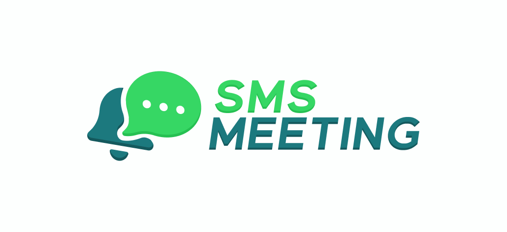 Logo retenu : une cloche vert foncé fondue dans une bulle de conversation vert vif à trois points, suivie de « SMS » en vert vif et « MEETING » en vert foncé, l’ensemble penché vers l’avant.
