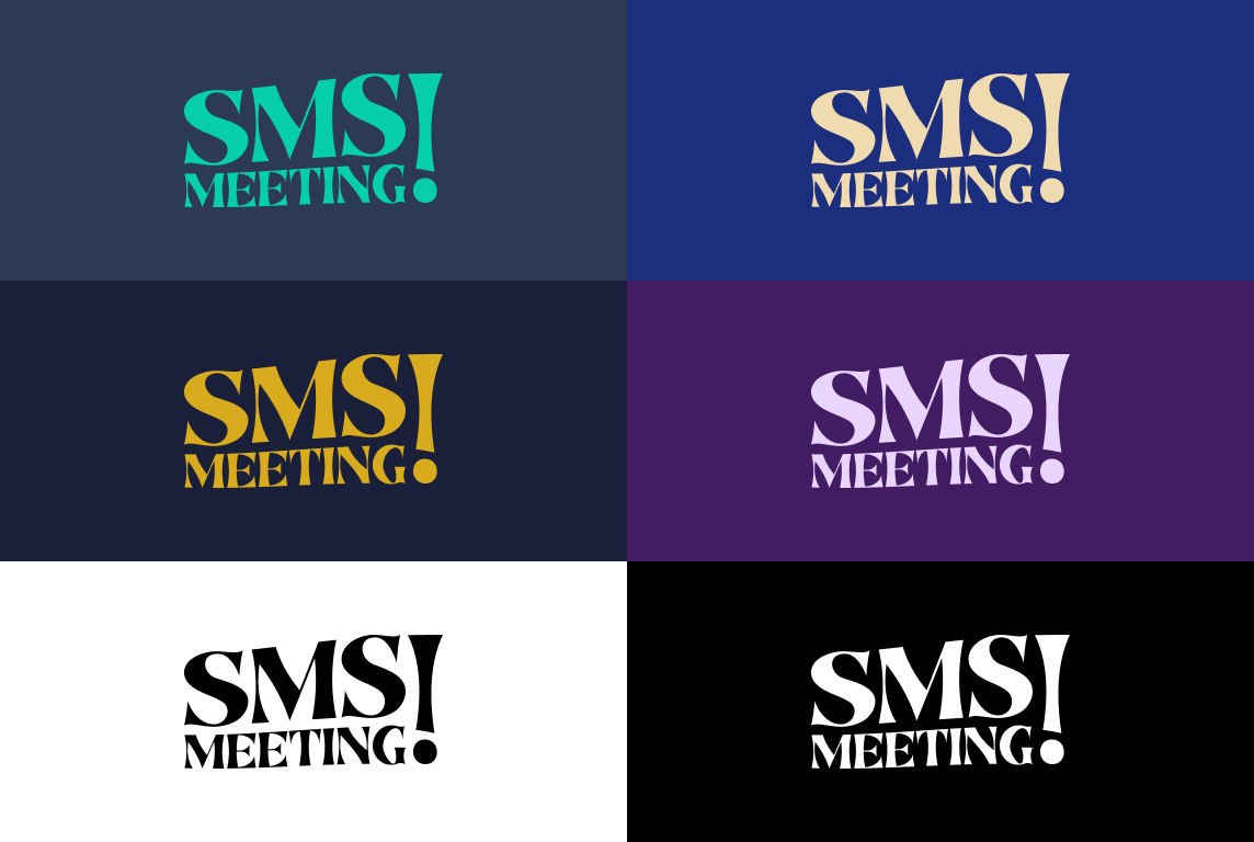 Proposition typographique : « SMS! MEETING » dessiné dans un caractère à empattements contrasté, le point d’exclamation faisant office de signal.