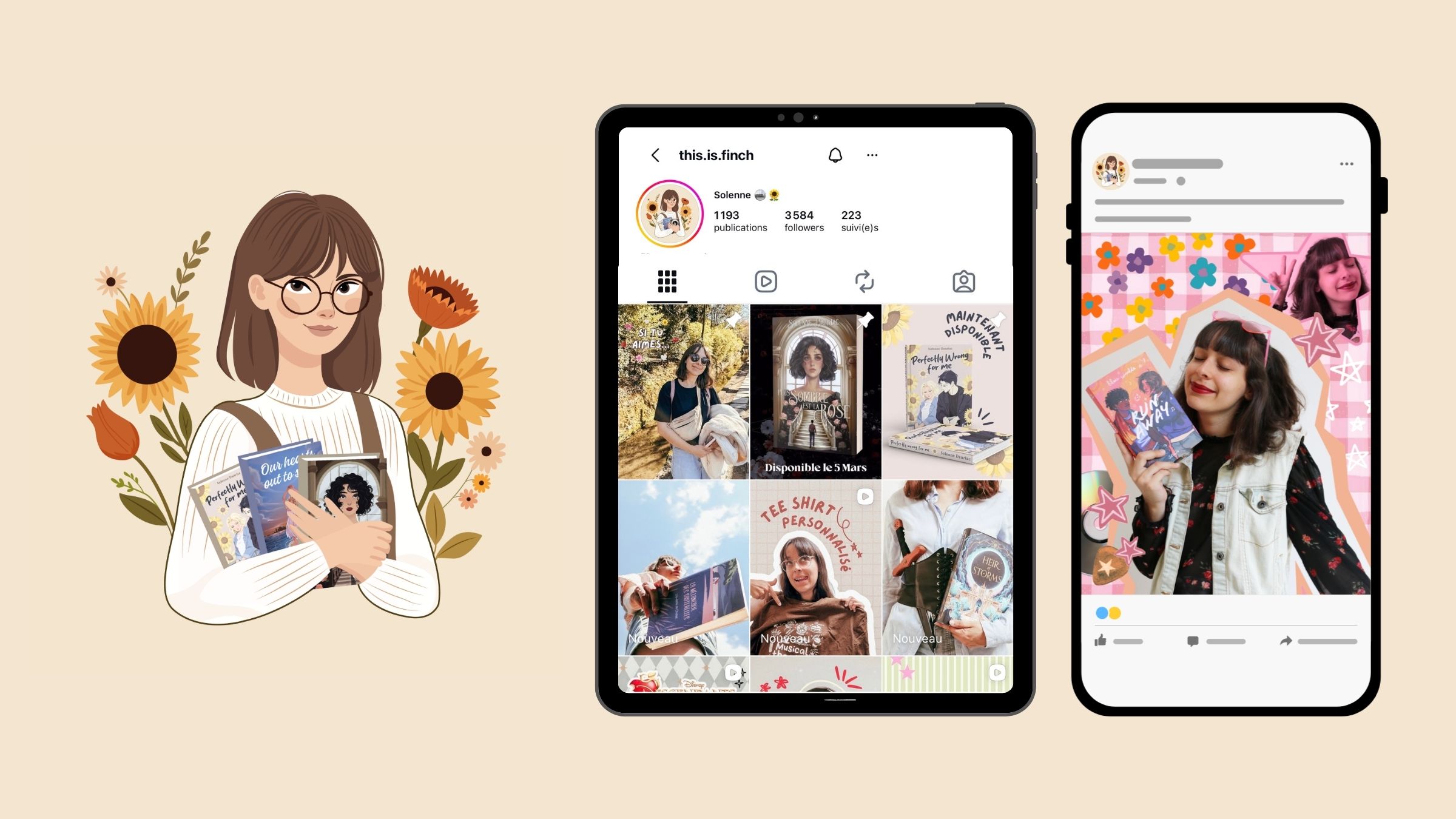 Aperçu du compte this.is.finch : l’avatar illustré de Solenne entourée de tournesols, la grille de publications sur tablette et une publication en cours de lecture sur téléphone.
