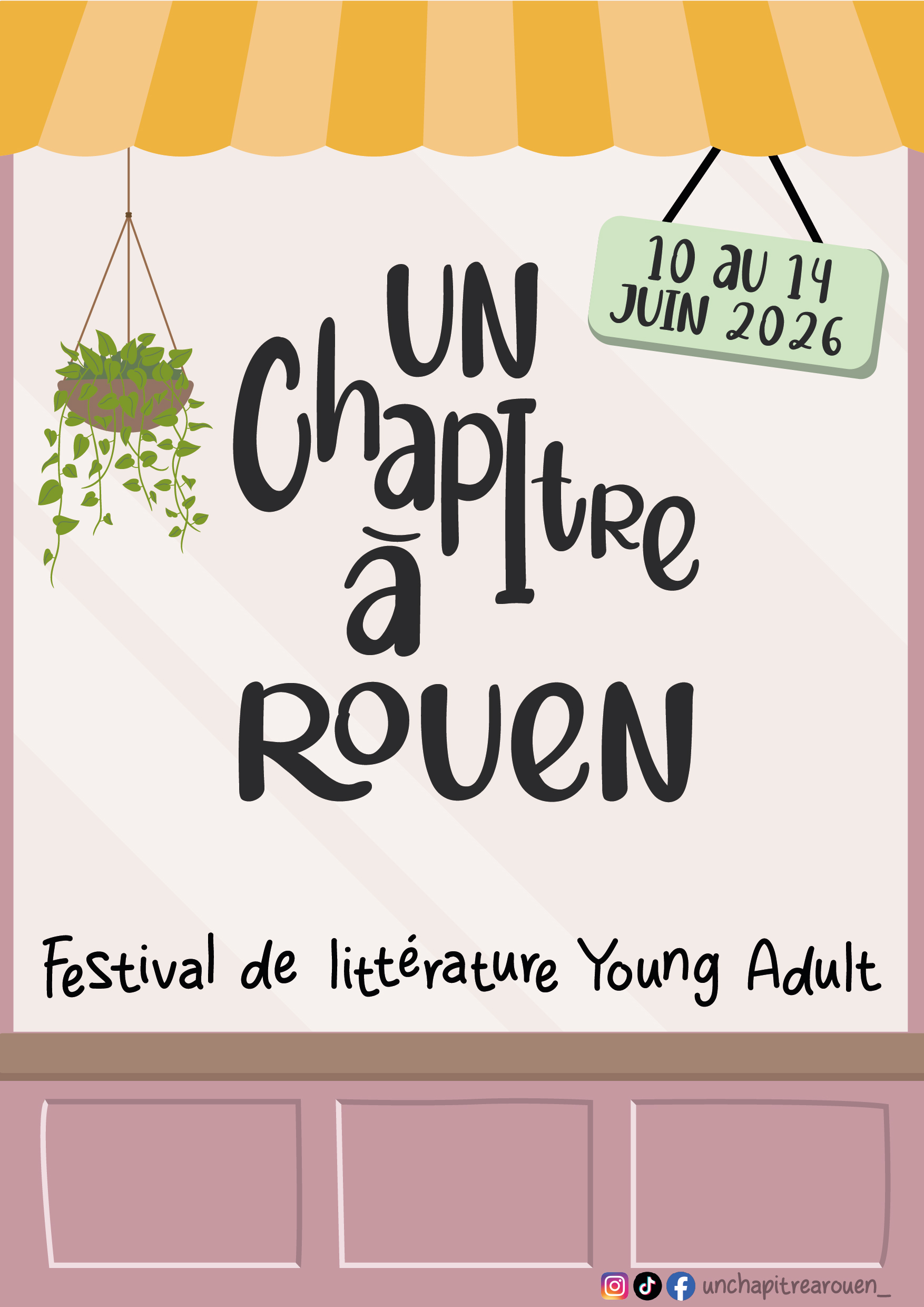 Recto du flyer 2026 : la devanture de librairie, le titre du festival et les dates du 10 au 14 juin 2026 sur une pancarte suspendue.