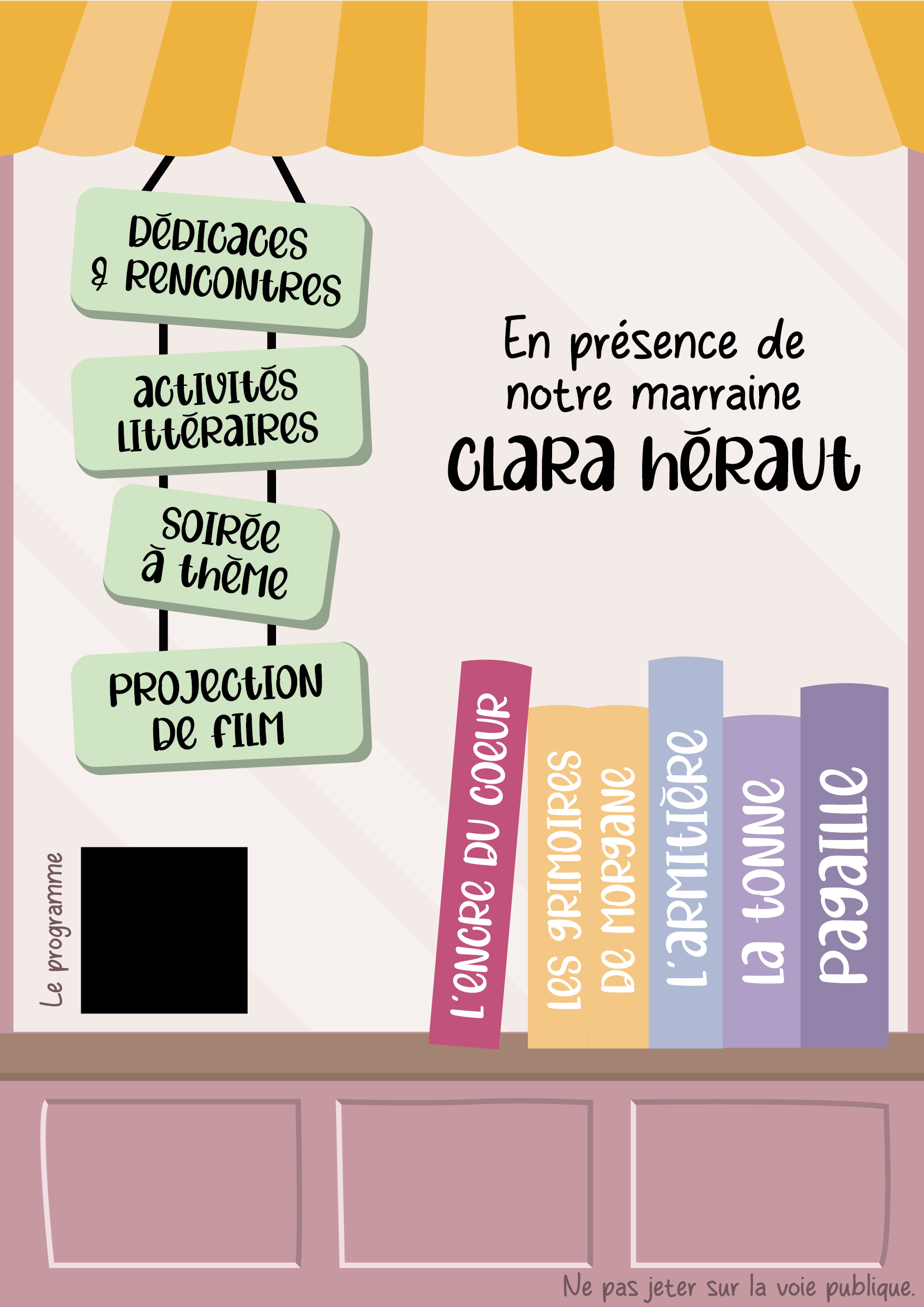Verso du flyer 2026 : les temps forts sur des pancartes suspendues, la marraine Clara Héraut et les librairies partenaires figurées en dos de livres.