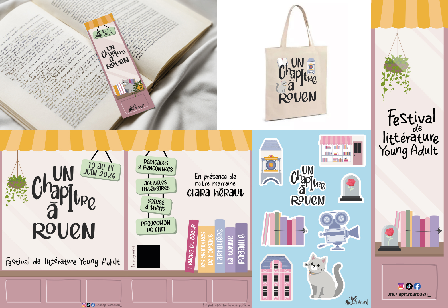 Planche des supports 2026 : marque-page, tote bag, flyer, planche de stickers et kakémono, tous déclinés à partir de la même devanture de librairie.