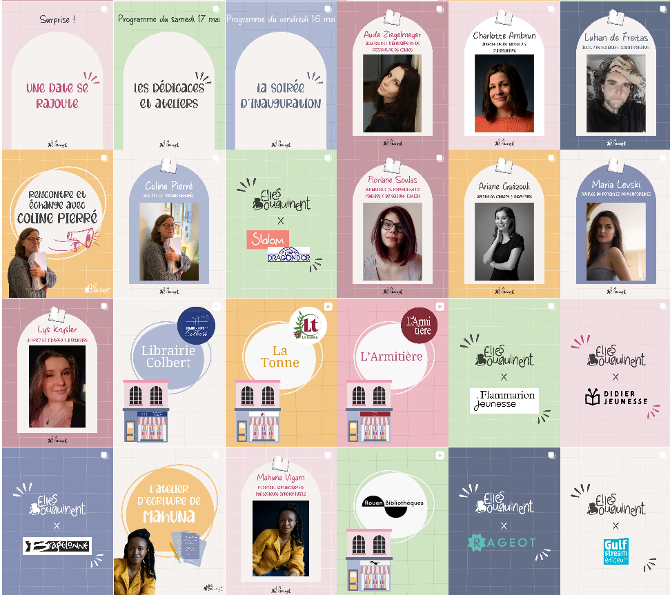 Grille de publications Instagram de l’édition 2025 : annonces d’autrices, partenaires et programme, déclinés sur une même trame de couleurs pastel.