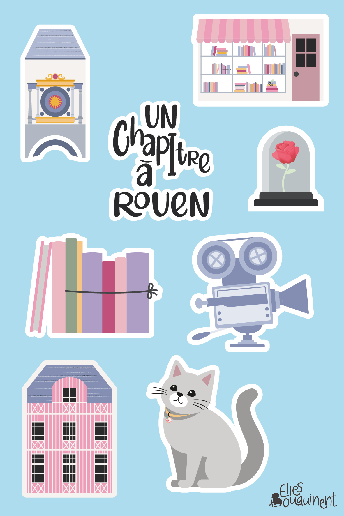 Planche de stickers : le Gros-Horloge, une devanture de librairie, une rose sous cloche, une pile de livres, une caméra, une maison à colombages et un chat gris.