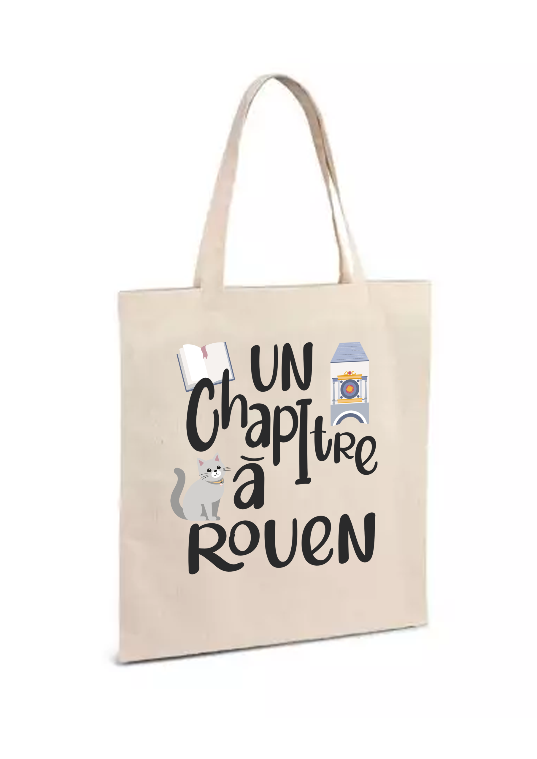 Tote bag en toile écrue floqué du titre du festival, accompagné du livre ouvert, du Gros-Horloge et du chat gris.